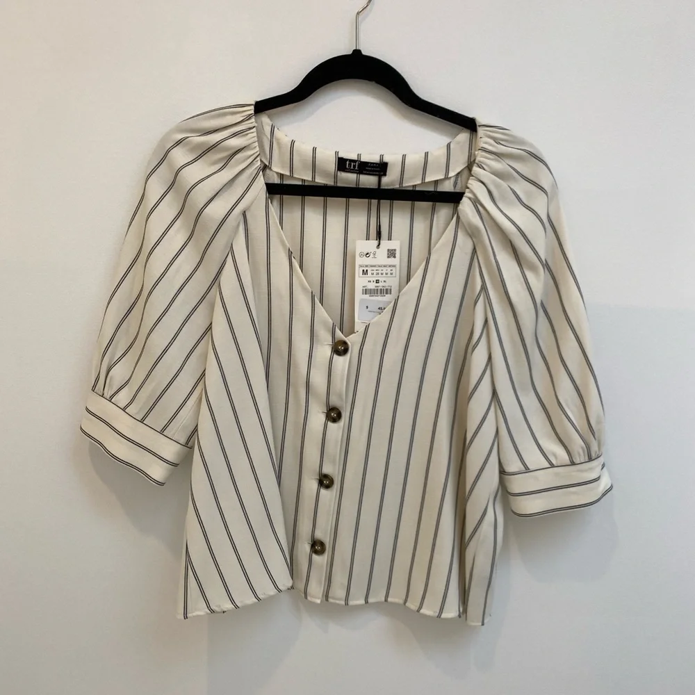 Zara Cream Striped Button-Front Puff Sleeve Top